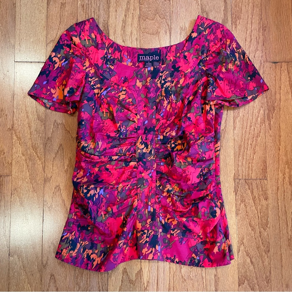 ANTHROPOLOGIE Molten Blouse Ruched Red Floral Cotton Top by Maple